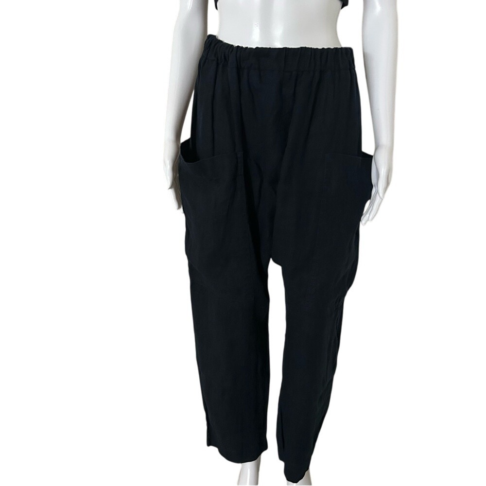Linen Cloud Navy Blue Elastic Waist Dropped Crotch Harem Linen Pants Size Med